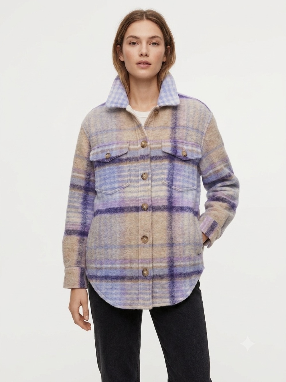 Aritzia Wilfred Free The Ganna Plaid Button-Up Shirt Jacket Lavender sz Medium
